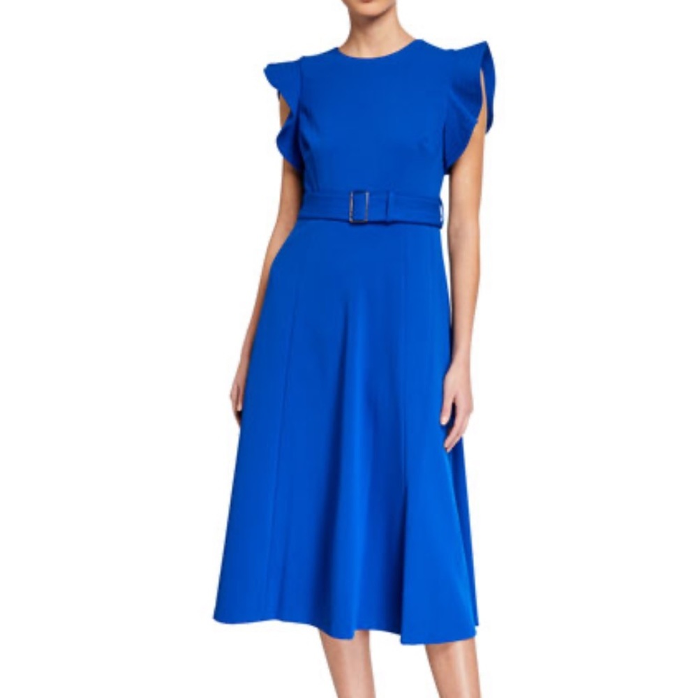 Calvin Klein Black Ruffle-Sleeve Belted Fit-&-Flare Dress with pocket